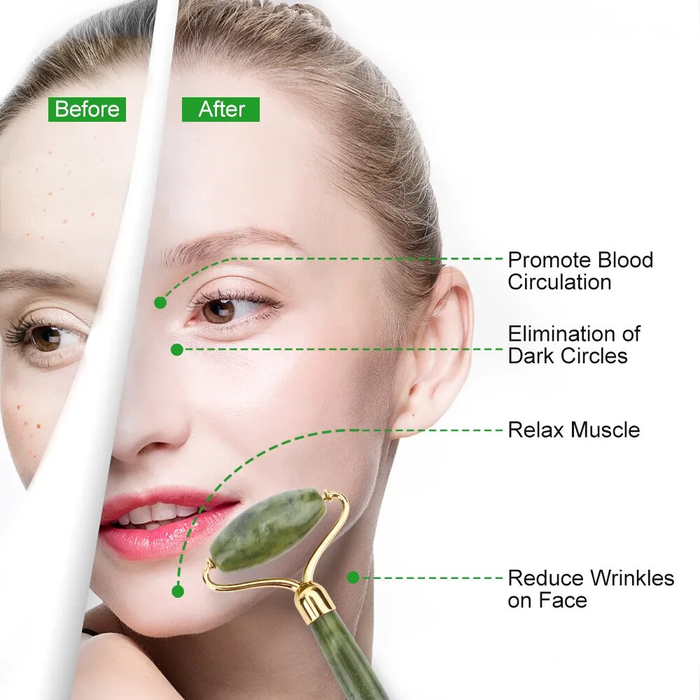 Natural Facial Massager Face Roller Gua Sha Scraper Double Heads Jade Stone Roller Skin Care Rose Quartz Massage for Face Body