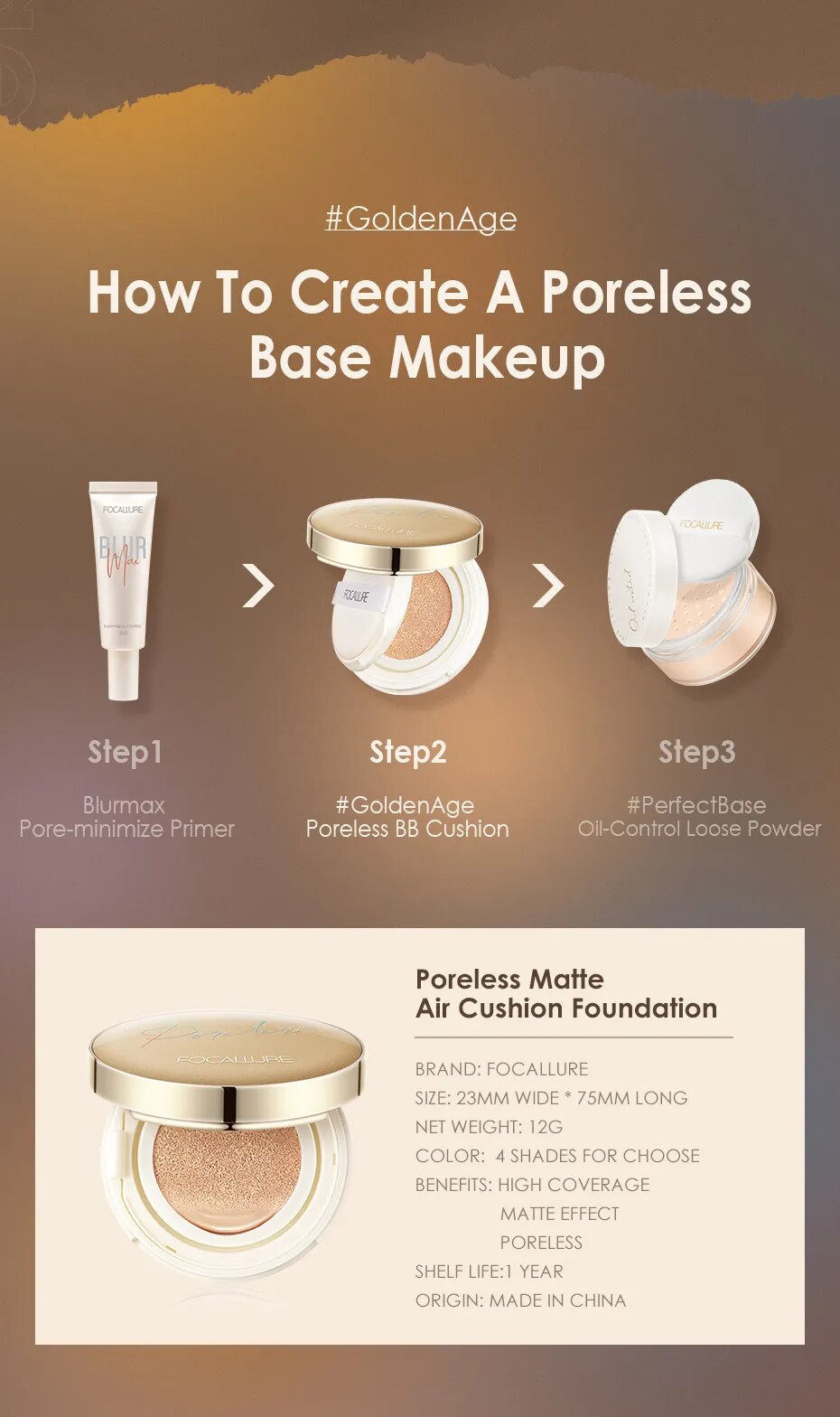 FOCALLURE Waterproof Matte Air Cushion Poreless BB&CC Cream High Coverage Oil-control Soft Face Makeup Foundation Base Cosmetics